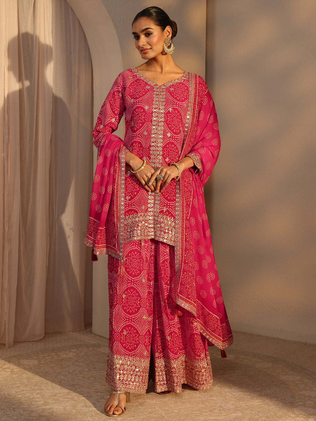 Libas Art Pink Bandhani Printed Chinon Straight Suits Set With Dupatta