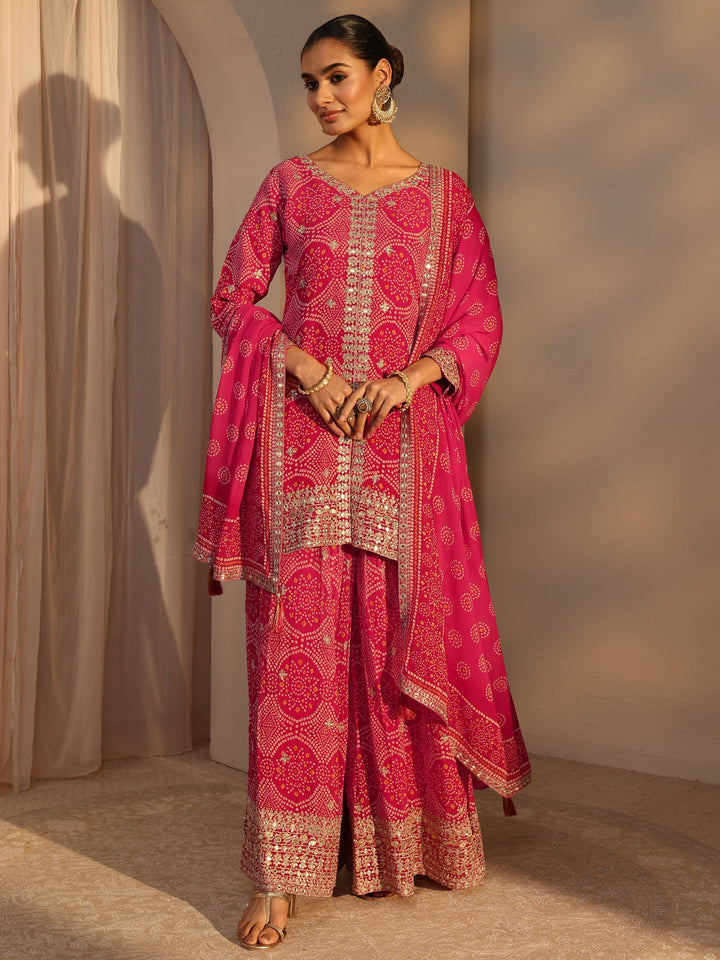 Libas Art Pink Bandhani Printed Chinon Straight Suits Set With Dupatta