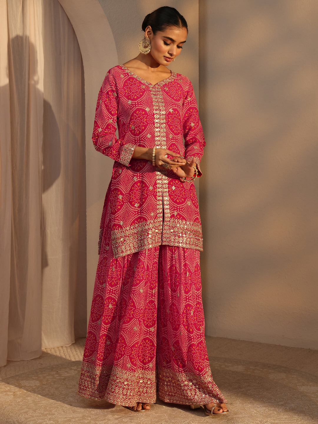 Libas Art Pink Bandhani Printed Chinon Straight Suits Set With Dupatta