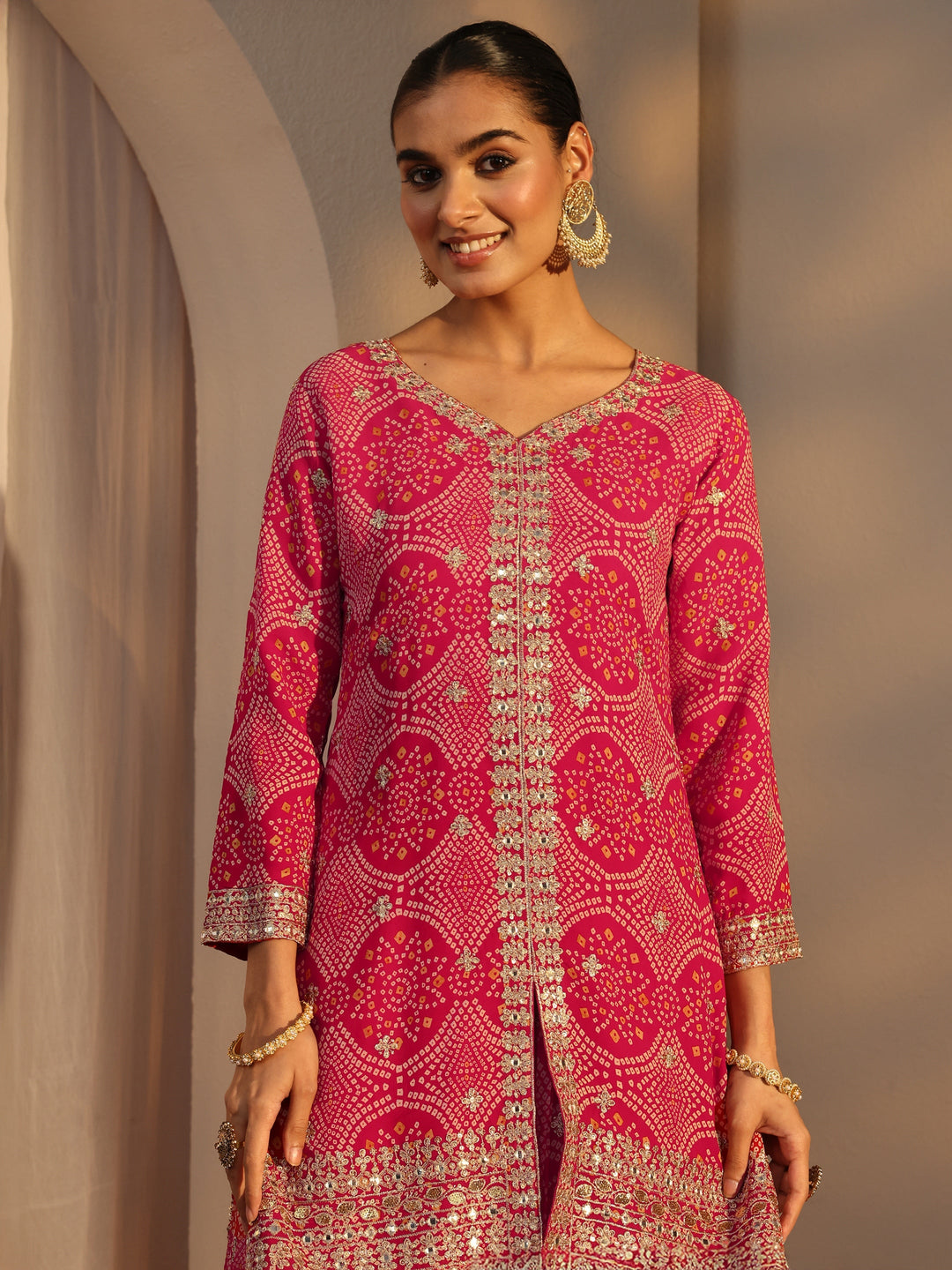 Libas Art Pink Bandhani Printed Chinon Straight Suits Set With Dupatta