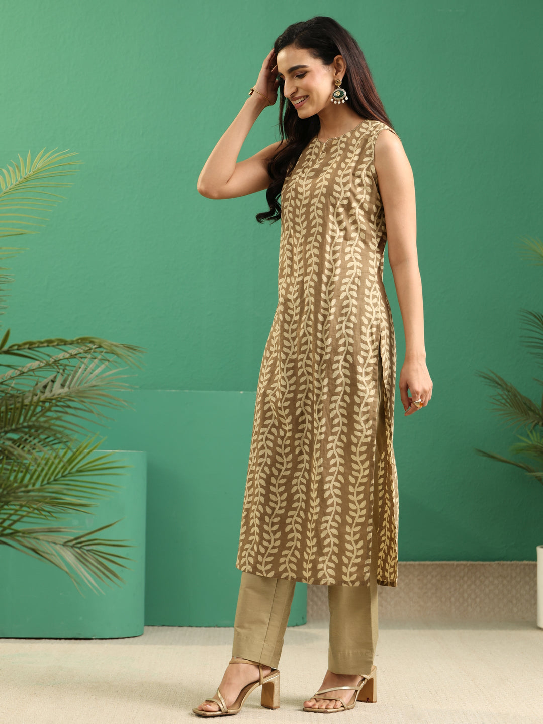 Libas Beige Floral Printed Cotton Kurta Set with Long Jacket