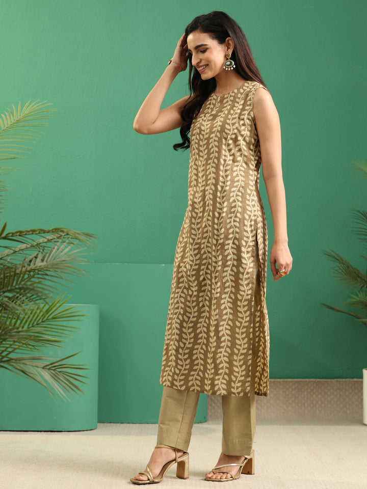 Libas Beige Floral Printed Cotton Kurta Set with Long Jacket