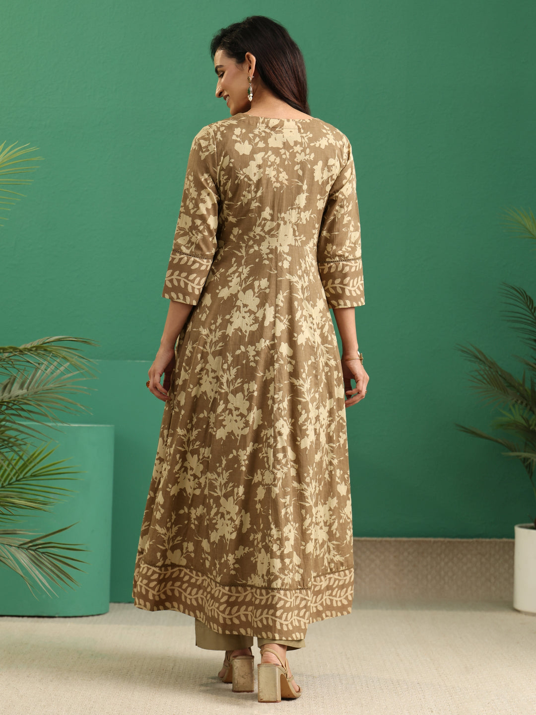 Libas Beige Floral Printed Cotton Kurta Set with Long Jacket