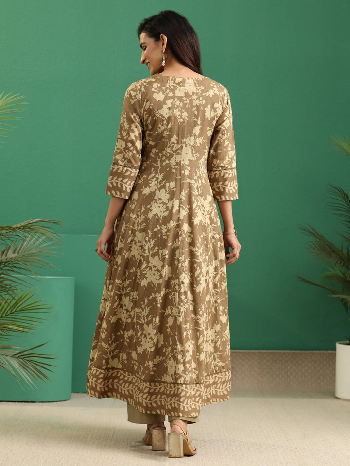 Libas Beige Floral Printed Cotton Kurta Set with Long Jacket
