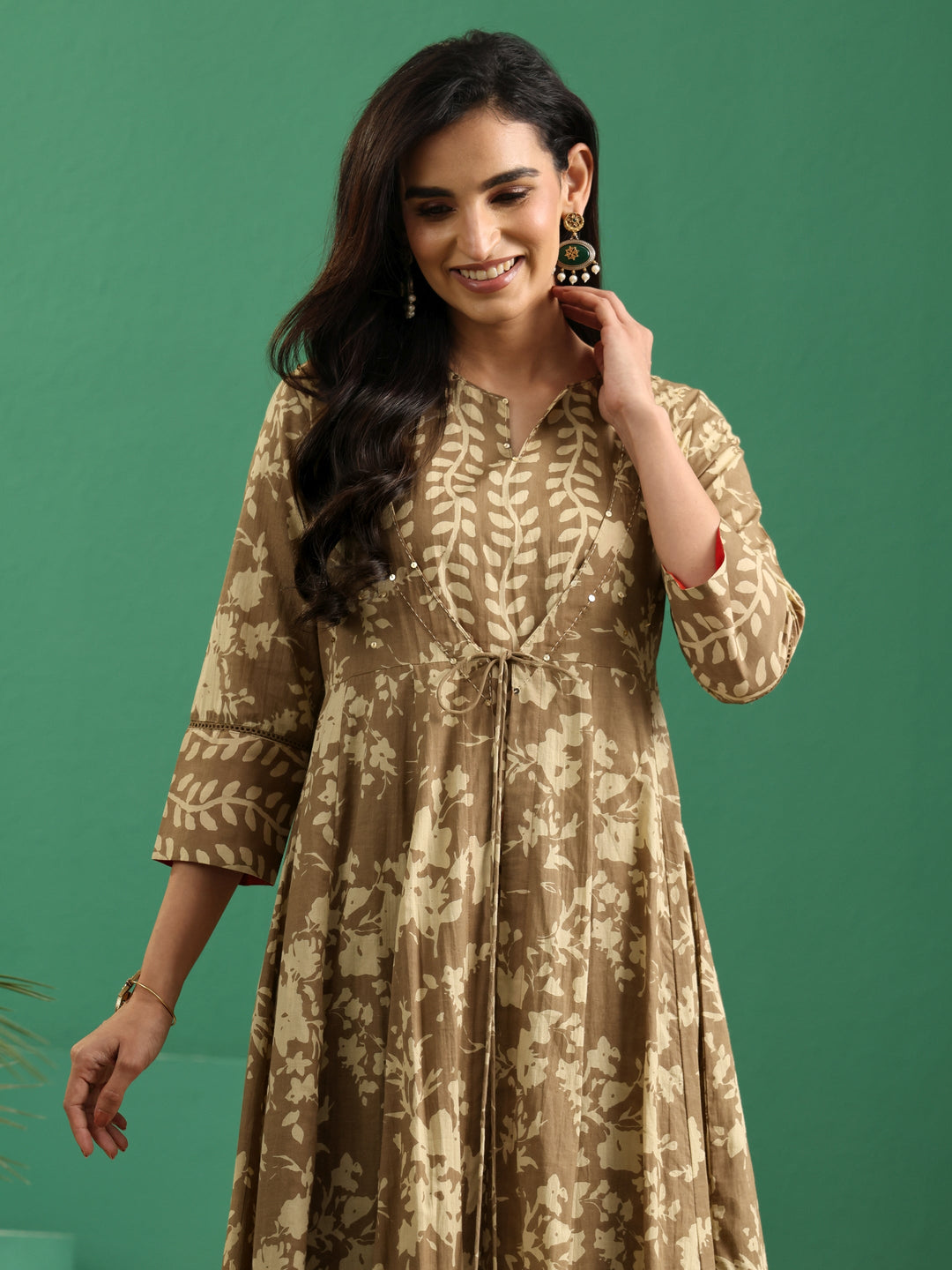 Libas Beige Floral Printed Cotton Kurta Set with Long Jacket