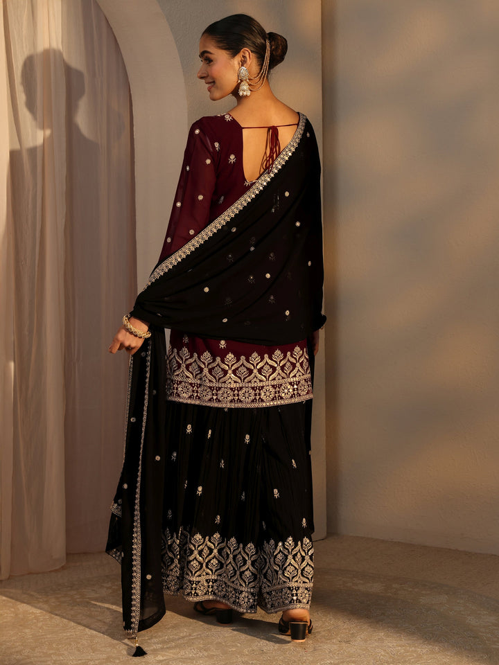 Libas Art Maroon Floral Embroidered Georgette Straight Suits Set With Dupatta