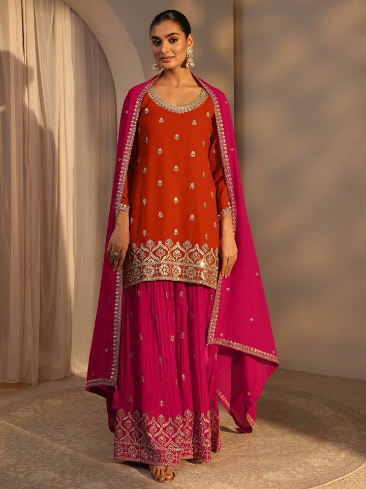 Libas Art Orange Floral Embroidered Georgette Straight Suits Set With Dupatta