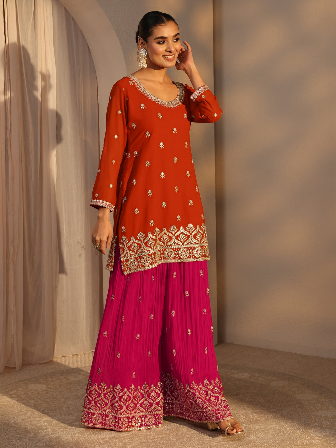 Libas Art Orange Floral Embroidered Georgette Straight Suits Set With Dupatta