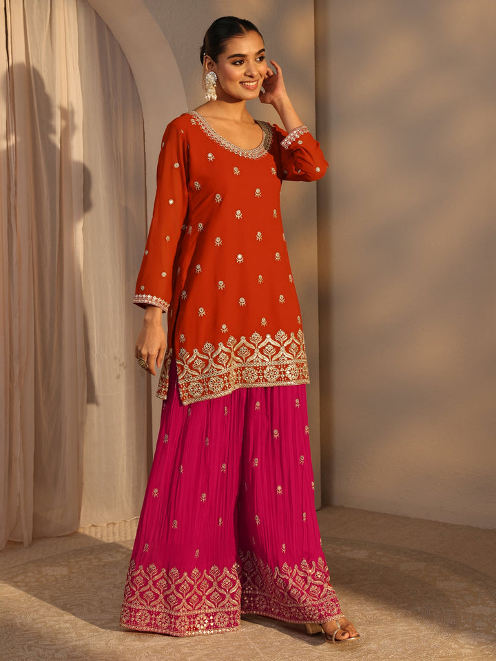 Libas Art Orange Floral Embroidered Georgette Straight Suits Set With Dupatta