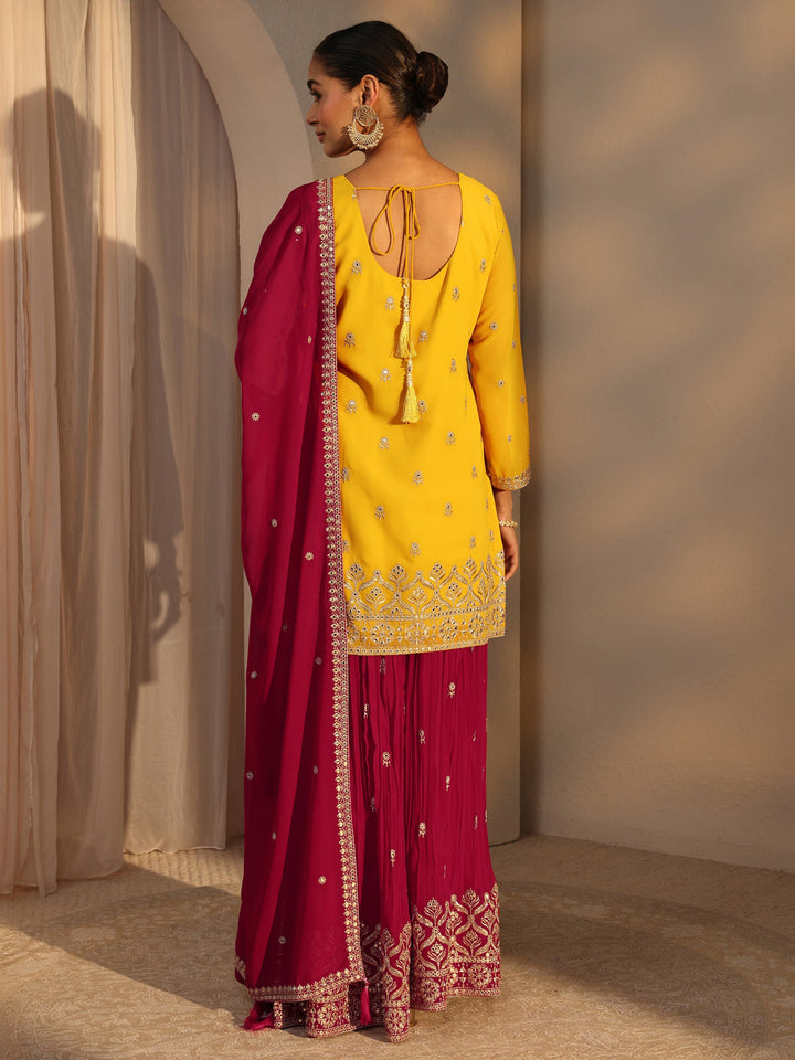 Libas Art Yellow Floral Embroidered Georgette Straight Suits Set With Dupatta