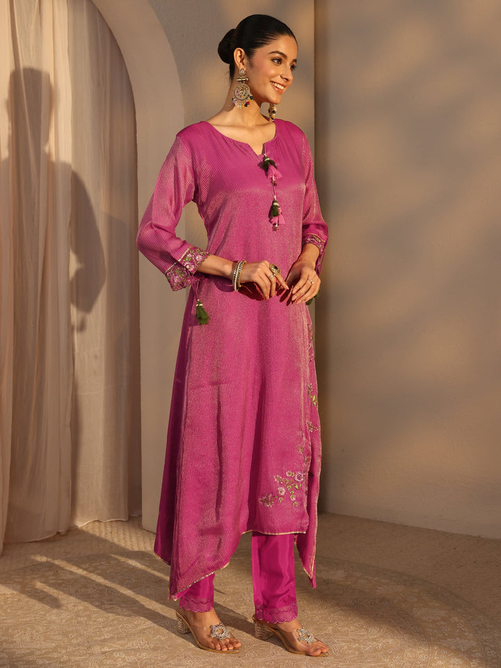 Pink Floral Embroidered Organza A-Line Suits Set With Dupatta