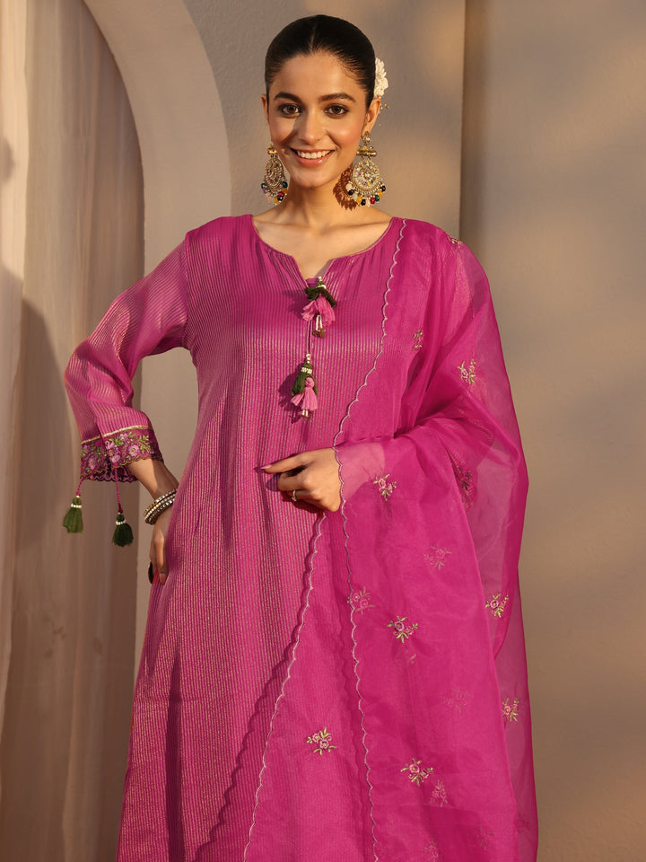 Pink Floral Embroidered Organza A-Line Suits Set With Dupatta