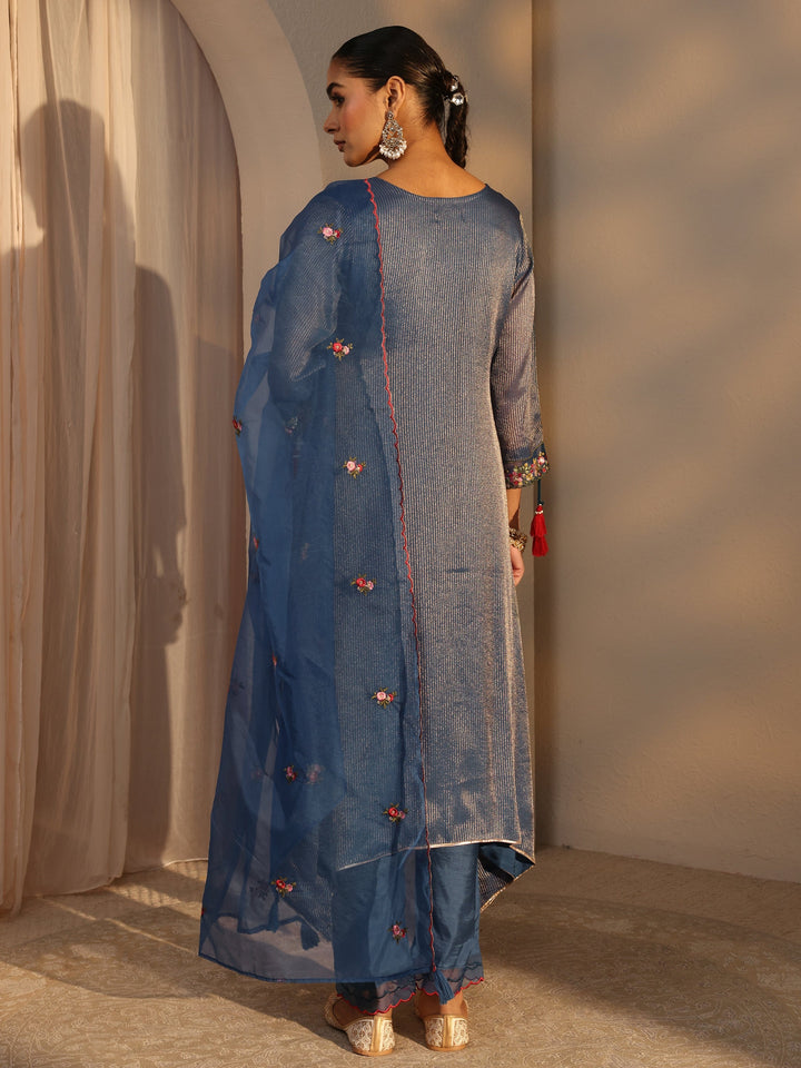 Blue Floral Embroidered Organza A-Line Suits Set With Dupatta