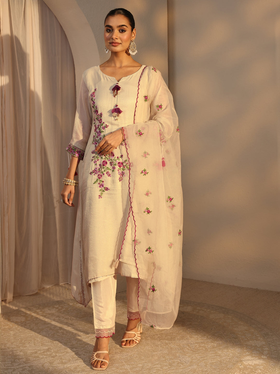 Off White Floral Embroidered Organza A-Line Suits Set With Dupatta