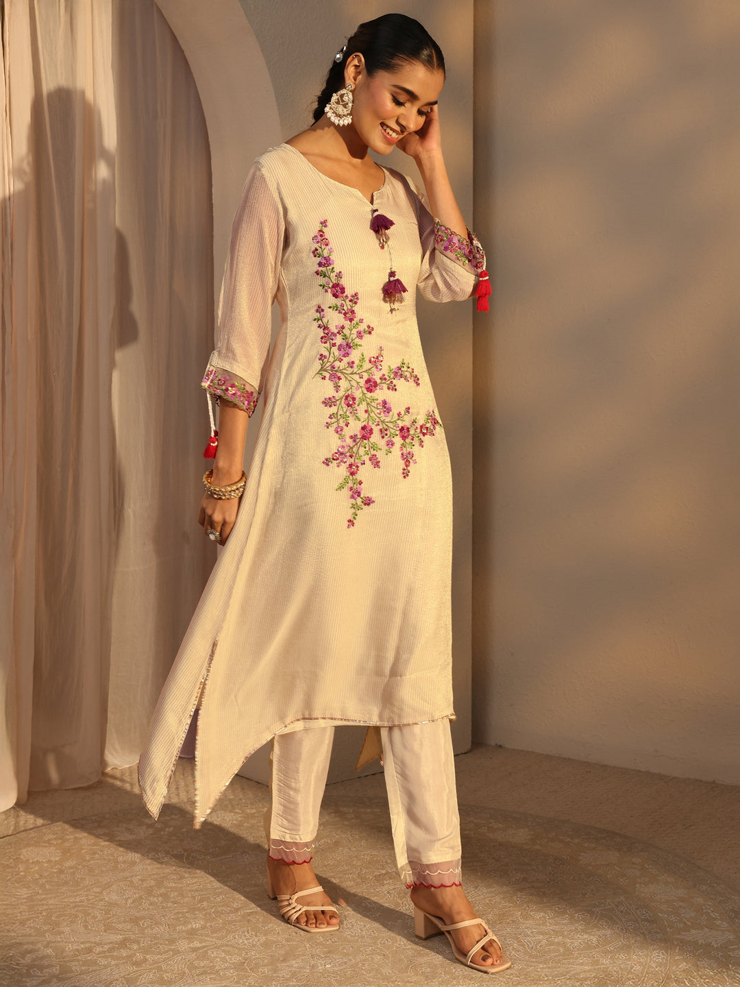 Off White Floral Embroidered Organza A-Line Suits Set With Dupatta