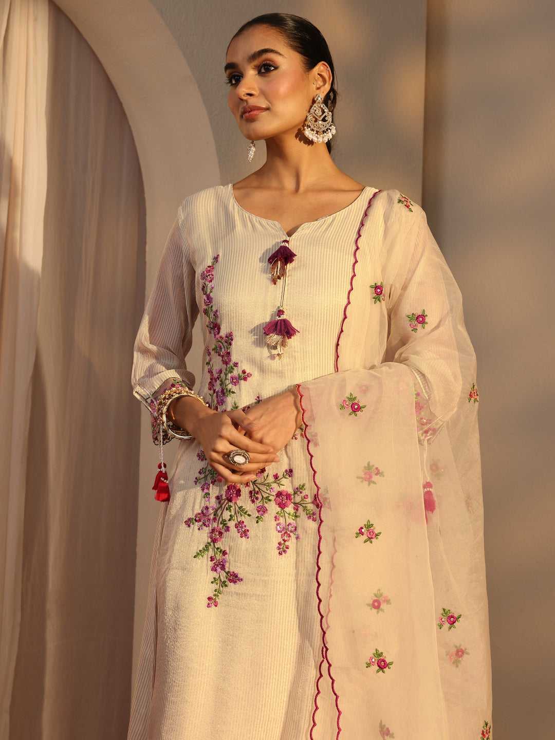 Off White Floral Embroidered Organza A-Line Suits Set With Dupatta