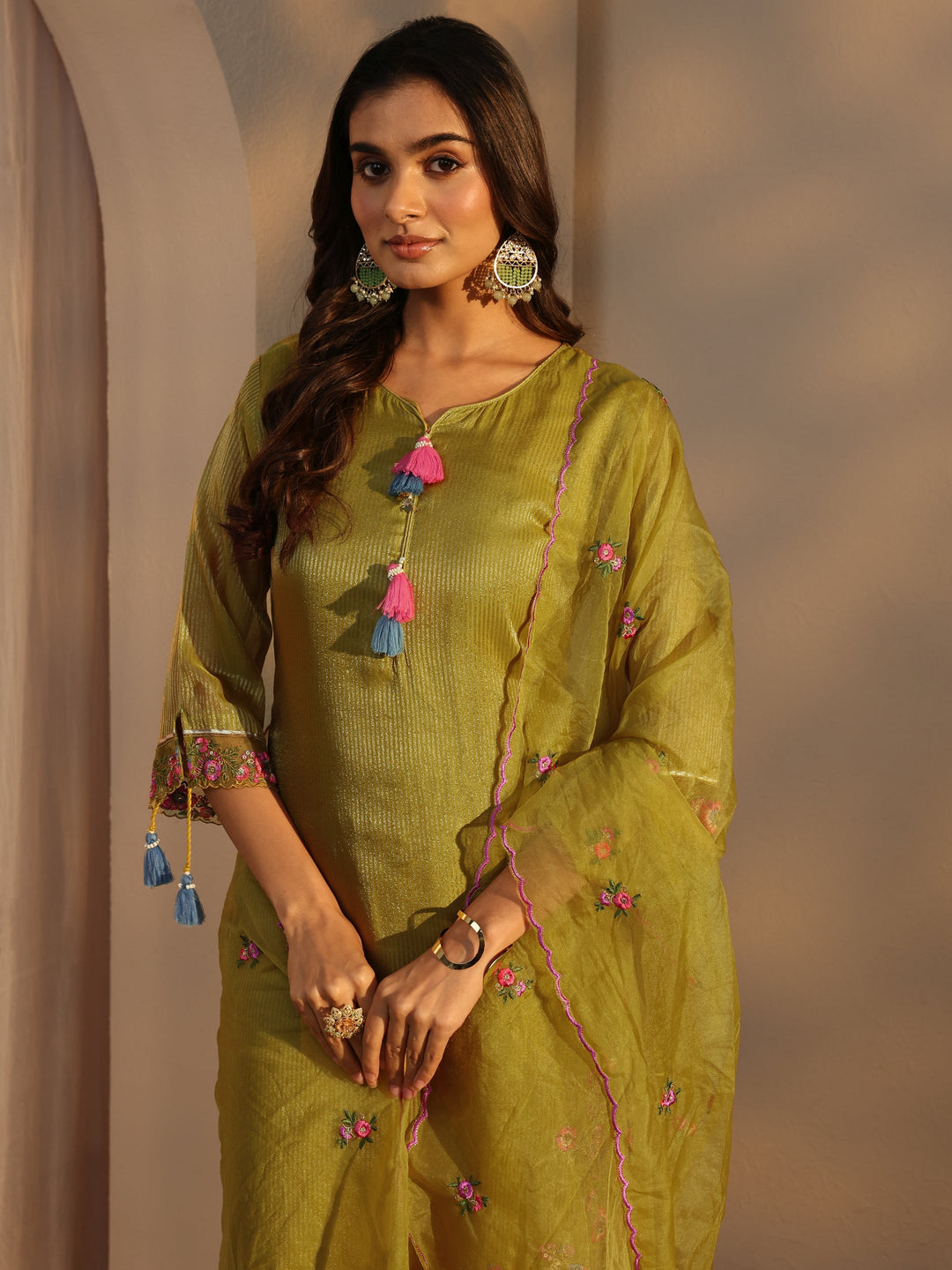 Green Floral Embroidered Organza A-Line Suits Set With Dupatta
