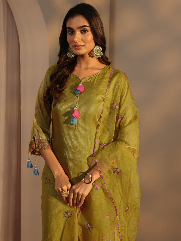 Green Floral Embroidered Organza A-Line Suits Set With Dupatta