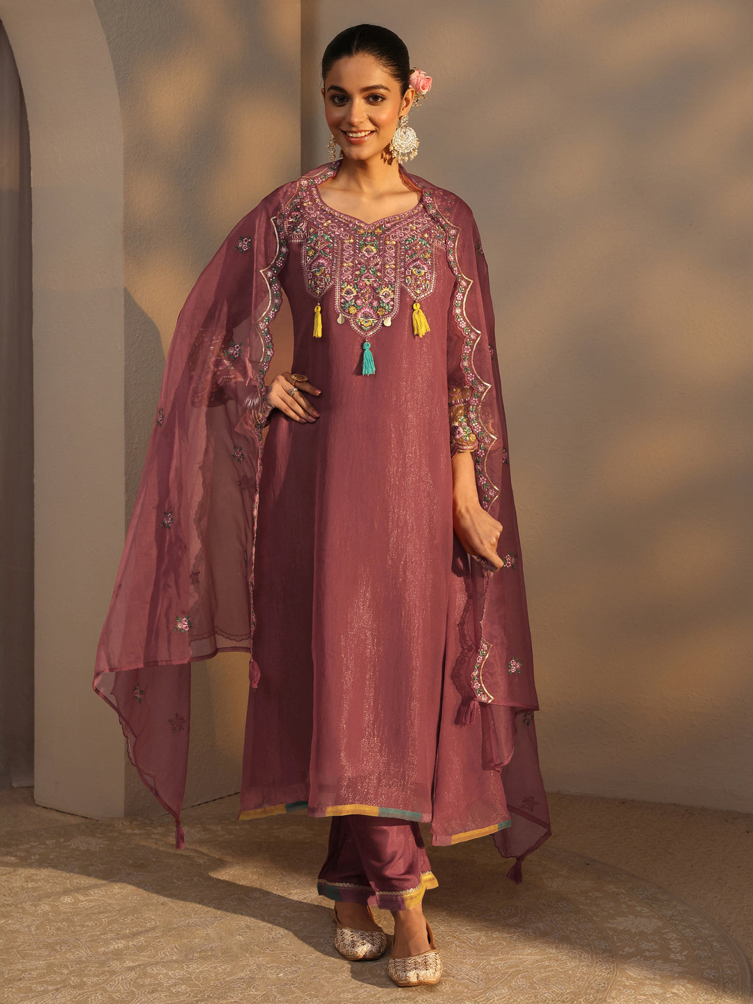 Peach Ethnic Embroidered Organza A-Line Suits Set With Dupatta