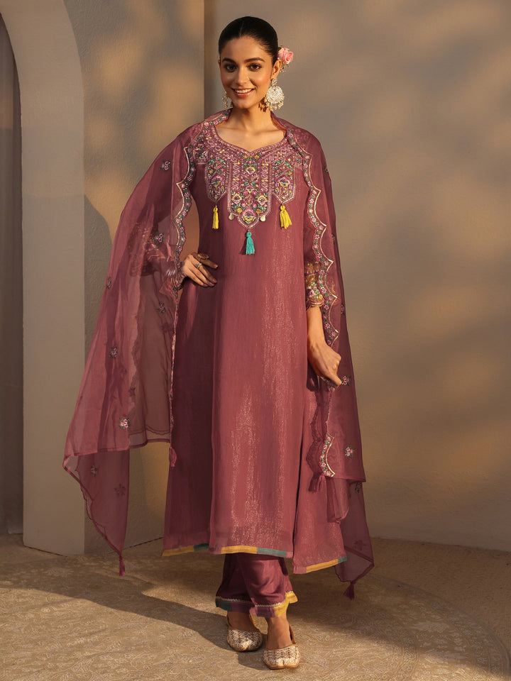 Peach Ethnic Embroidered Organza A-Line Suits Set With Dupatta