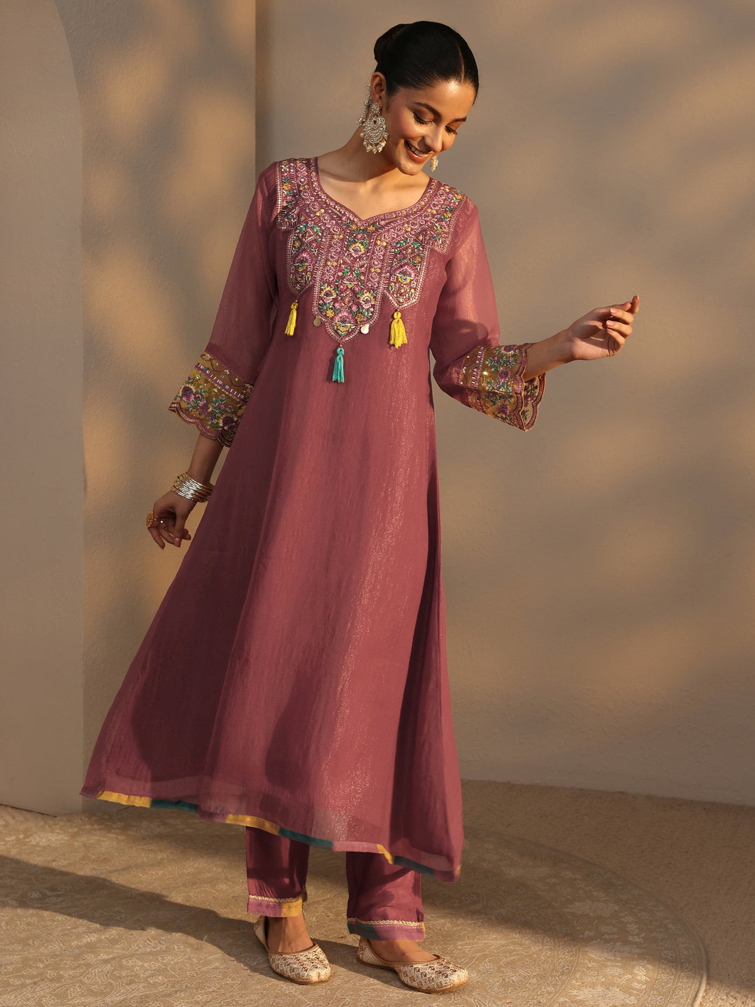Peach Ethnic Embroidered Organza A-Line Suits Set With Dupatta