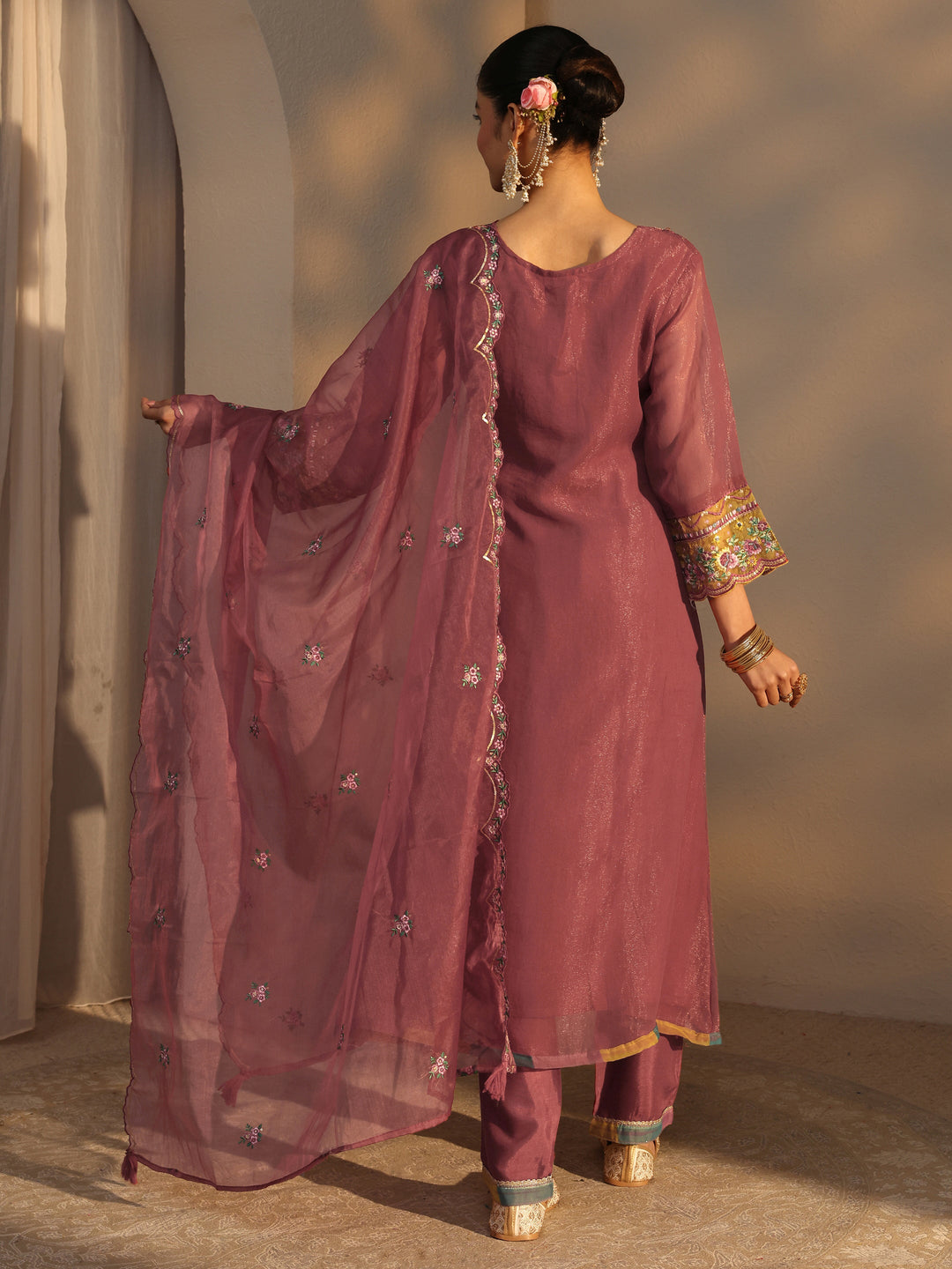 Peach Ethnic Embroidered Organza A-Line Suits Set With Dupatta