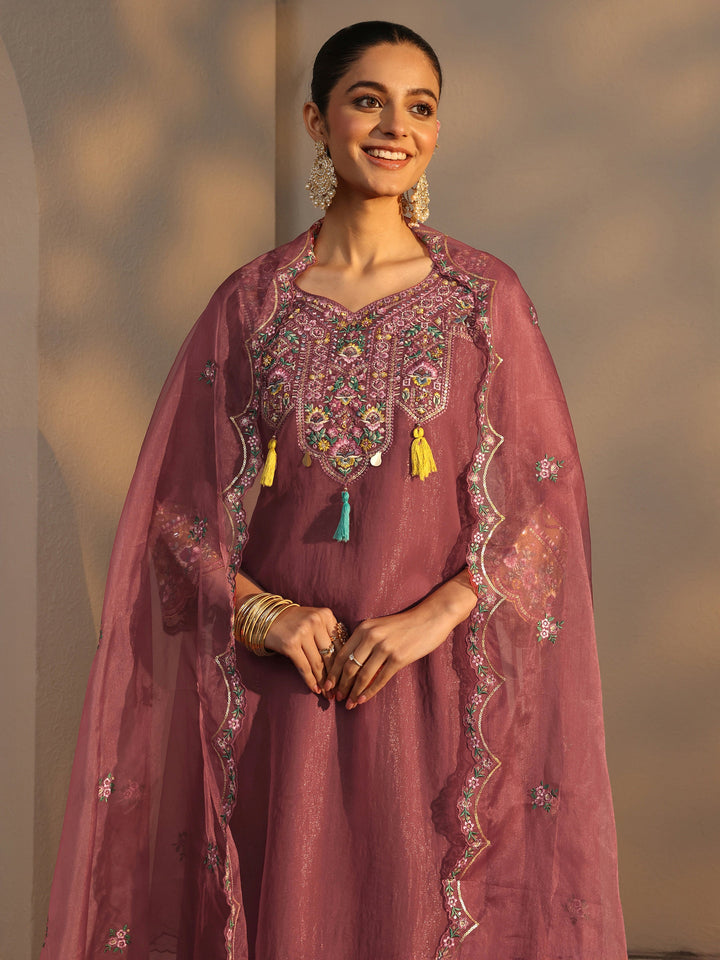 Peach Ethnic Embroidered Organza A-Line Suits Set With Dupatta