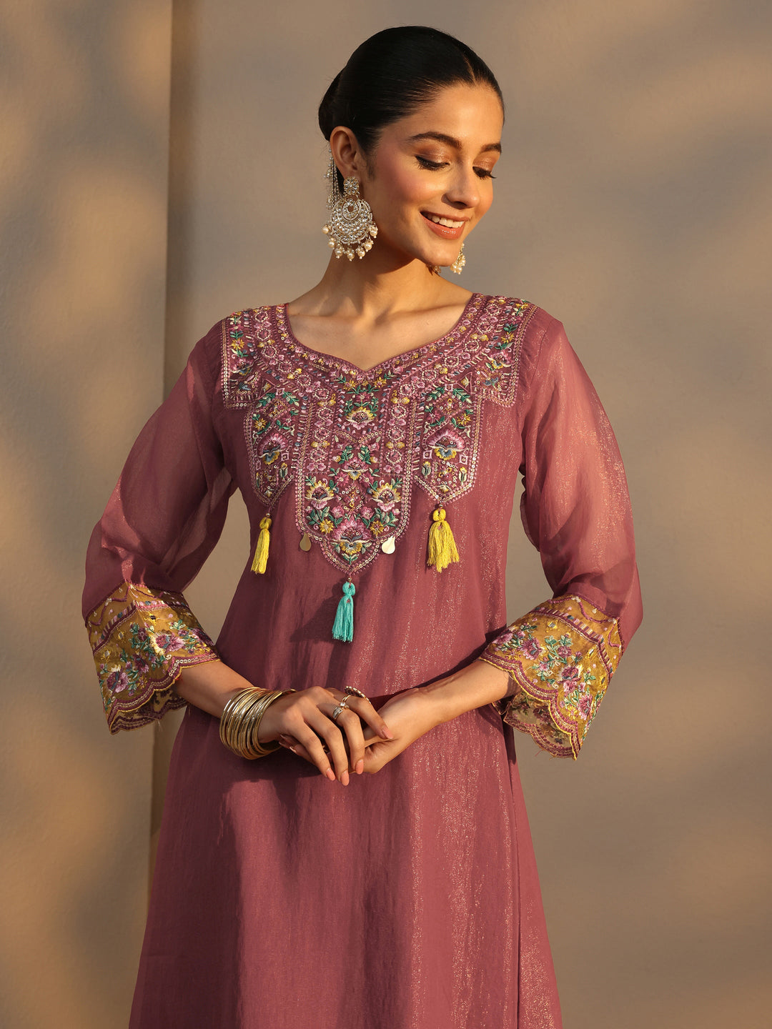 Peach Ethnic Embroidered Organza A-Line Suits Set With Dupatta