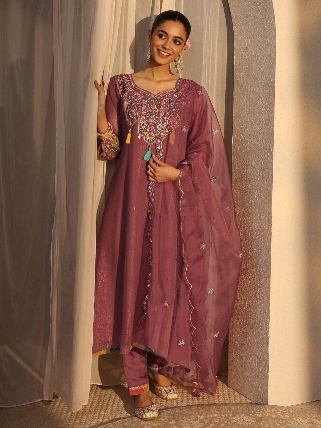 Peach Ethnic Embroidered Organza A-Line Suits Set With Dupatta