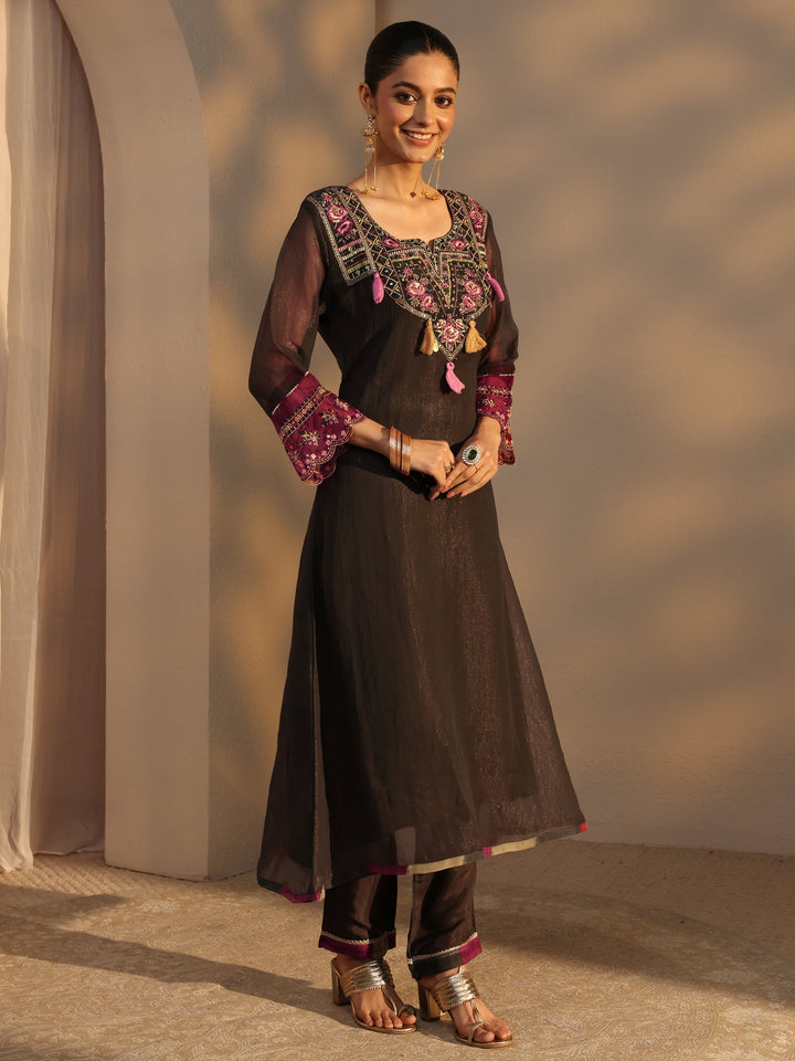 Charcoal Ethnic Embroidered Organza A-Line Suits Set With Dupatta