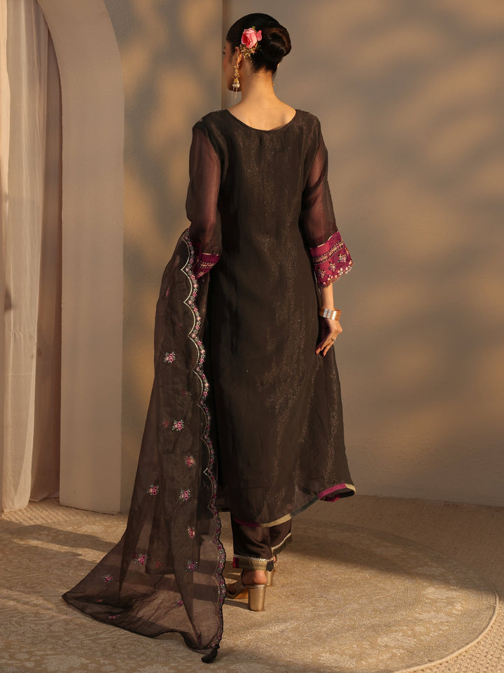 Charcoal Ethnic Embroidered Organza A-Line Suits Set With Dupatta