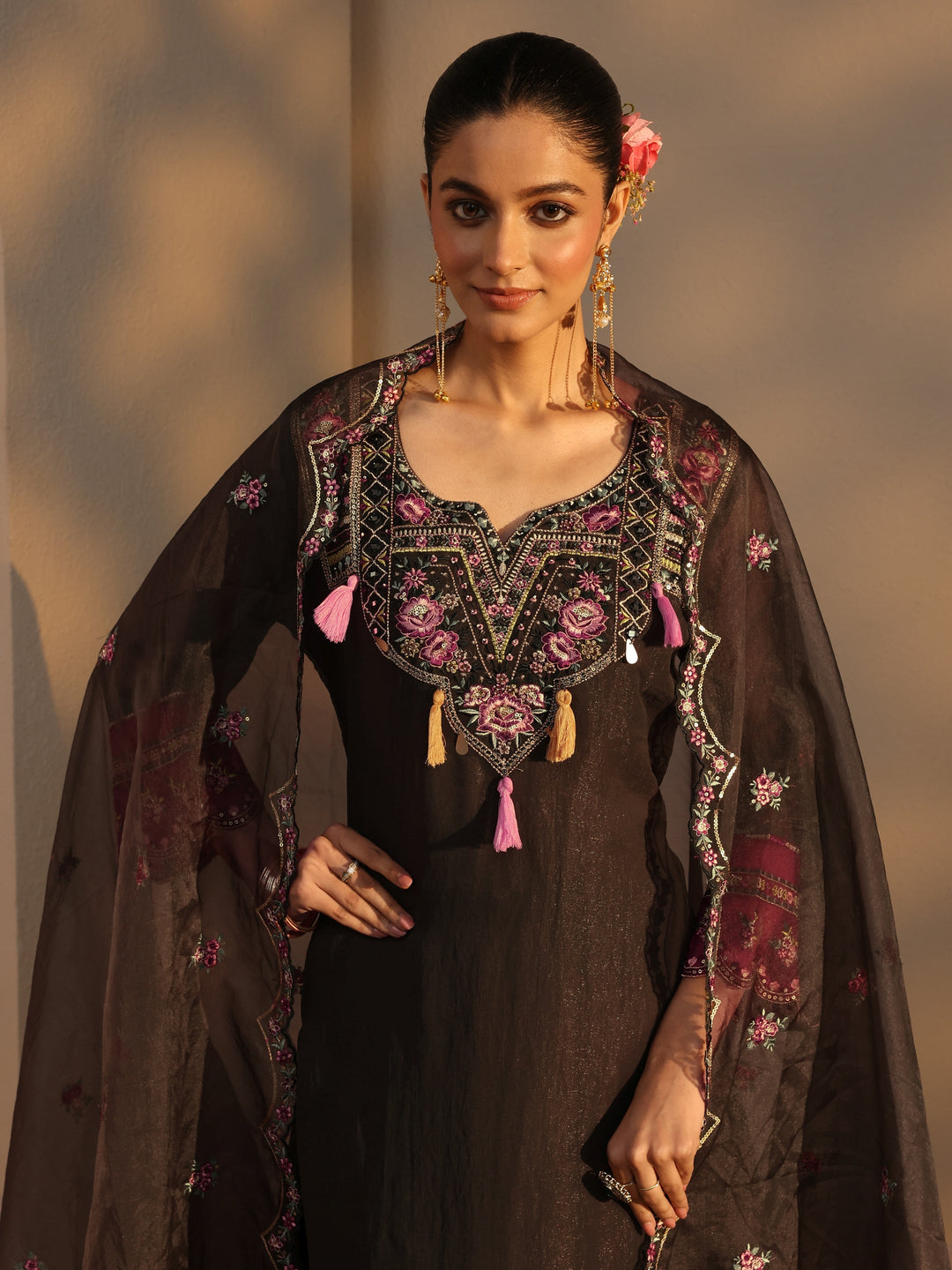 Charcoal Ethnic Embroidered Organza A-Line Suits Set With Dupatta
