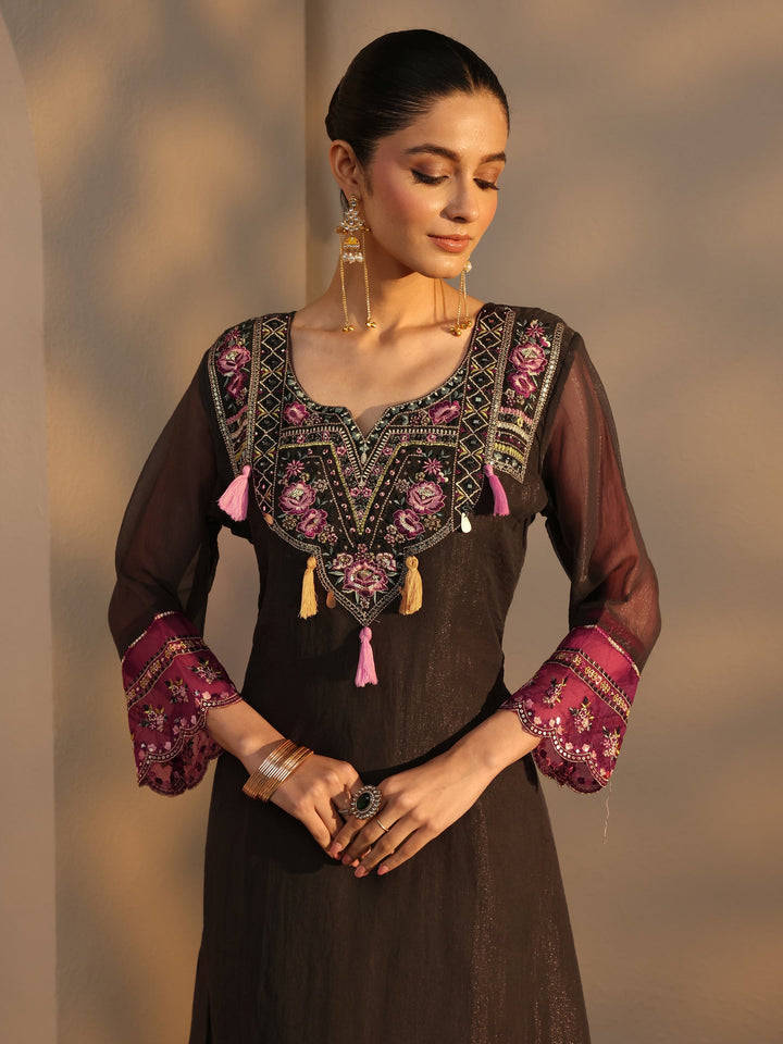 Charcoal Ethnic Embroidered Organza A-Line Suits Set With Dupatta