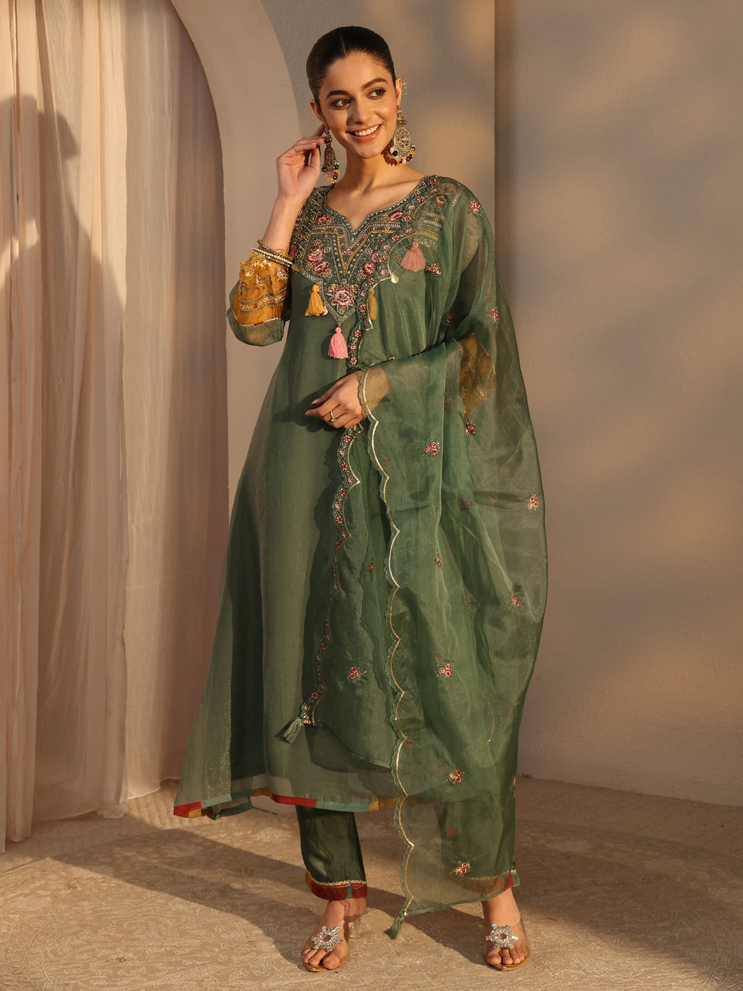 Green Ethnic Embroidered Organza A-Line Suits Set With Dupatta