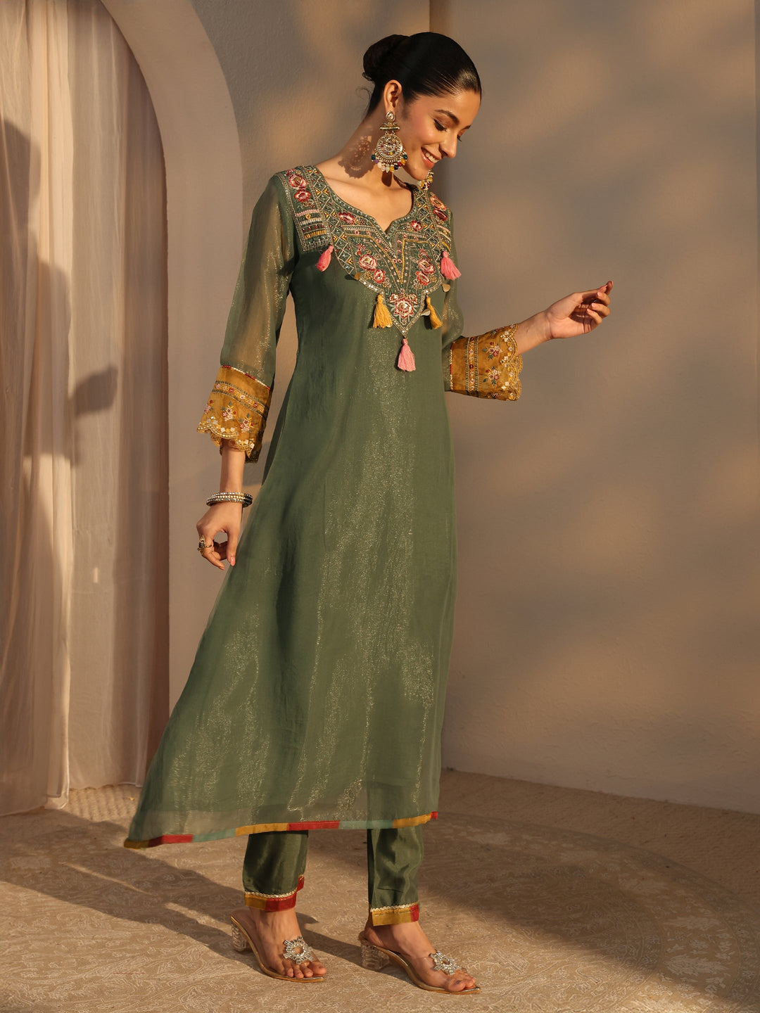Green Ethnic Embroidered Organza A-Line Suits Set With Dupatta