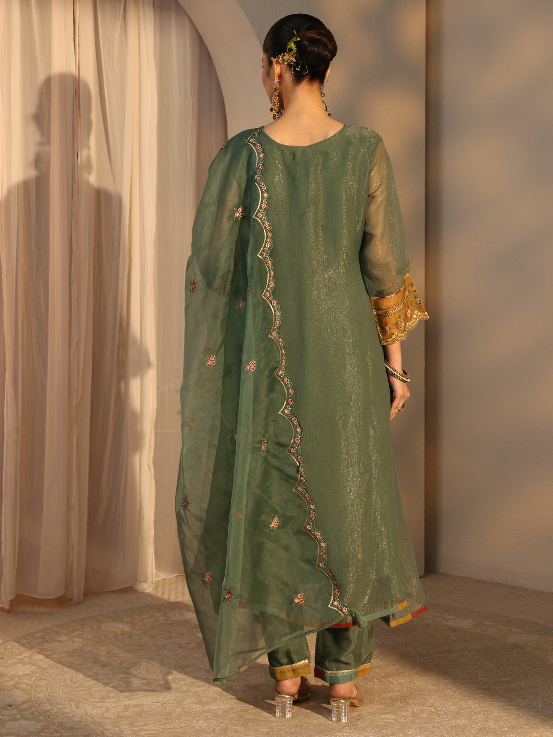 Green Ethnic Embroidered Organza A-Line Suits Set With Dupatta