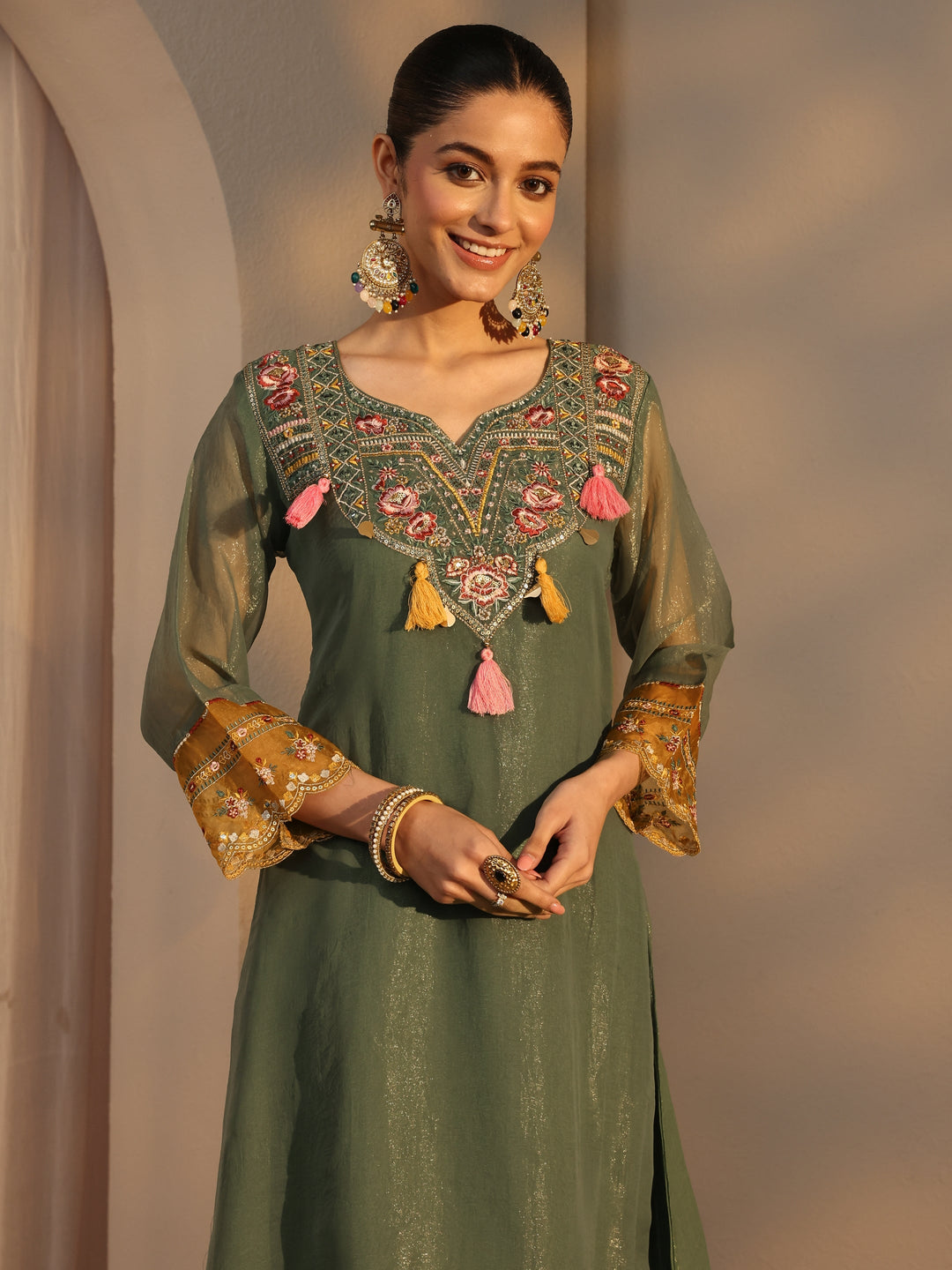 Green Ethnic Embroidered Organza A-Line Suits Set With Dupatta