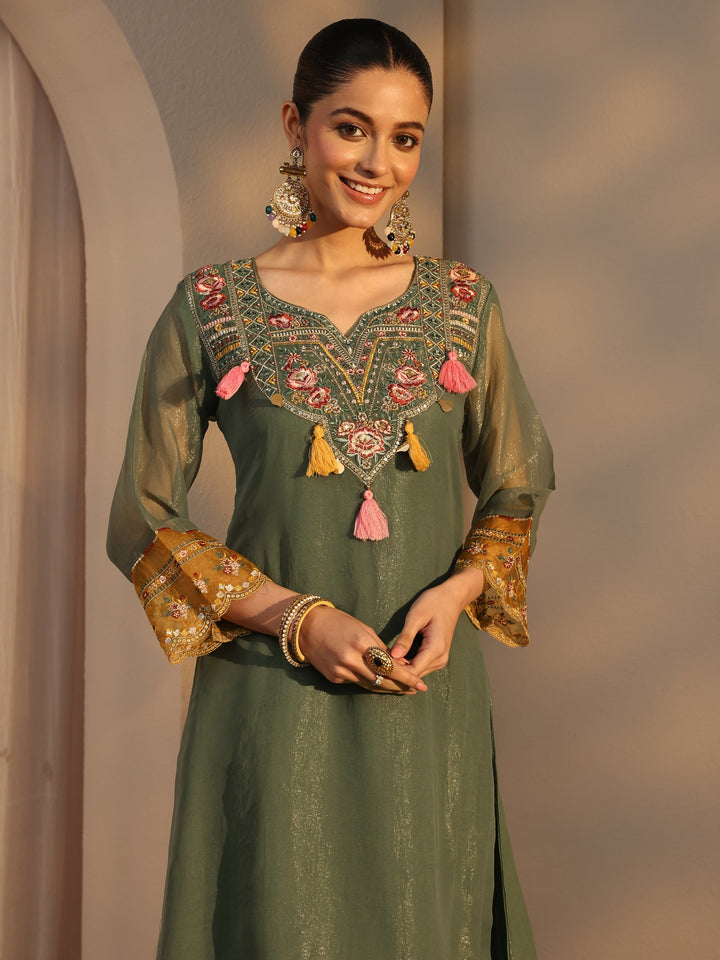Green Ethnic Embroidered Organza A-Line Suits Set With Dupatta