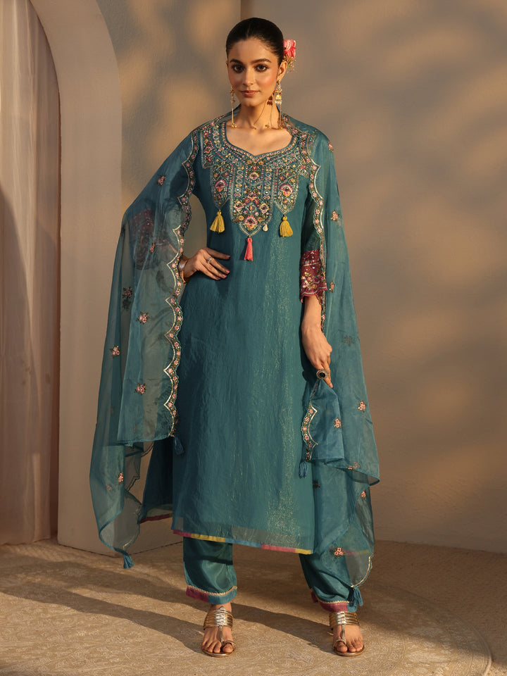 Blue Ethnic Embroidered Organza A-Line Suits Set With Dupatta