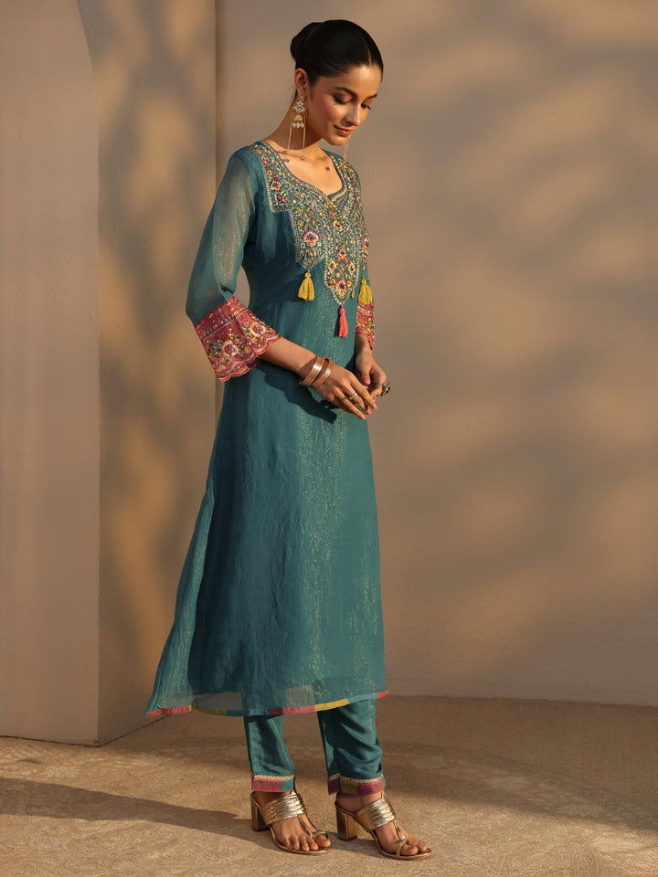 Blue Ethnic Embroidered Organza A-Line Suits Set With Dupatta
