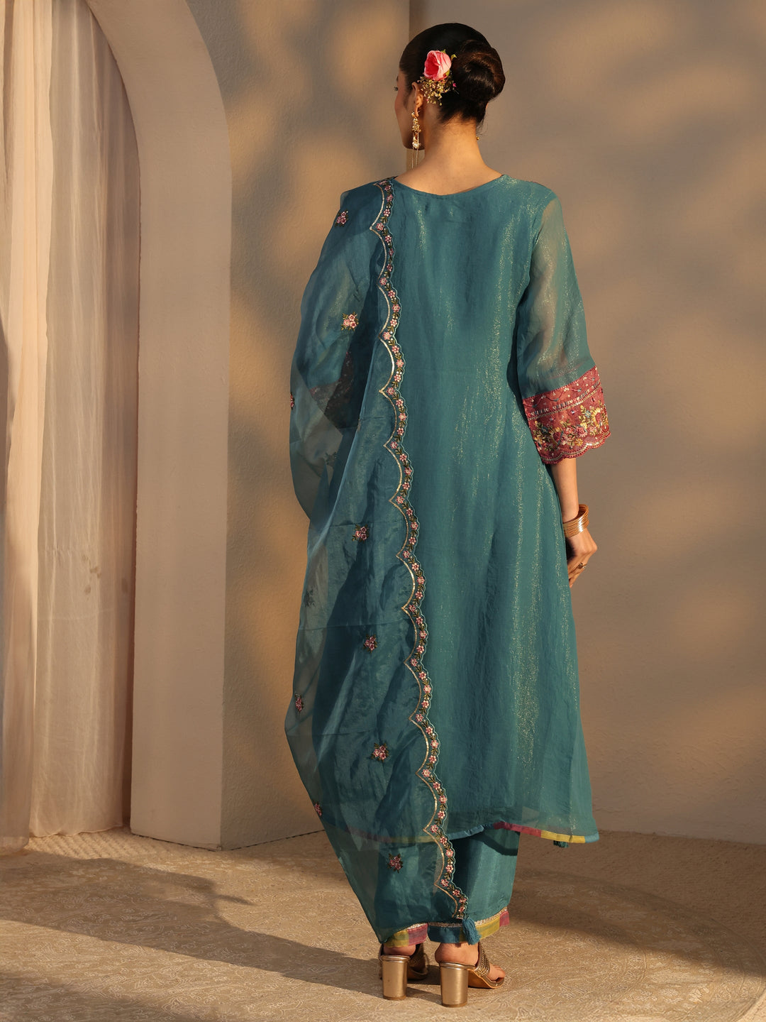 Blue Ethnic Embroidered Organza A-Line Suits Set With Dupatta