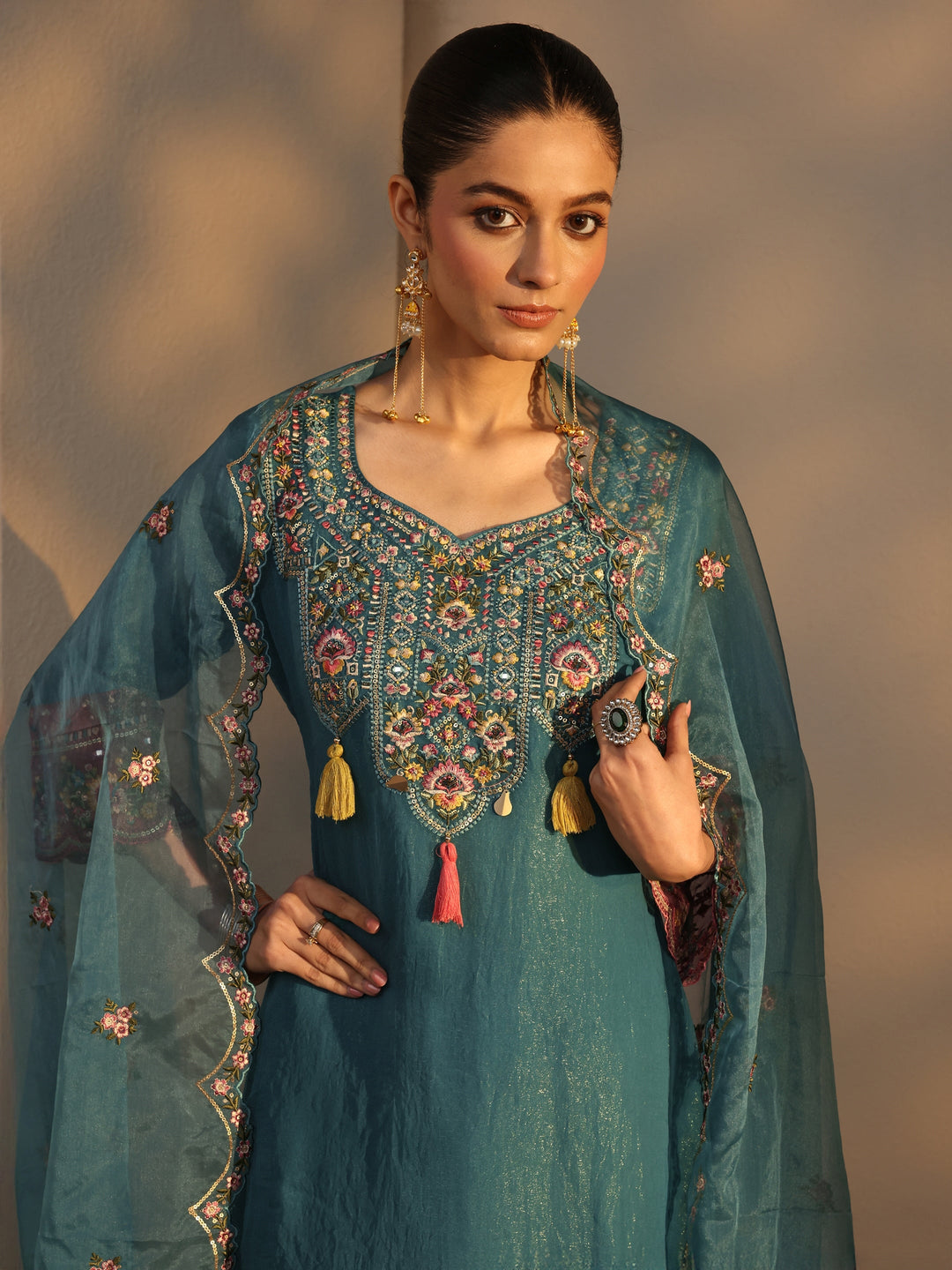 Blue Ethnic Embroidered Organza A-Line Suits Set With Dupatta