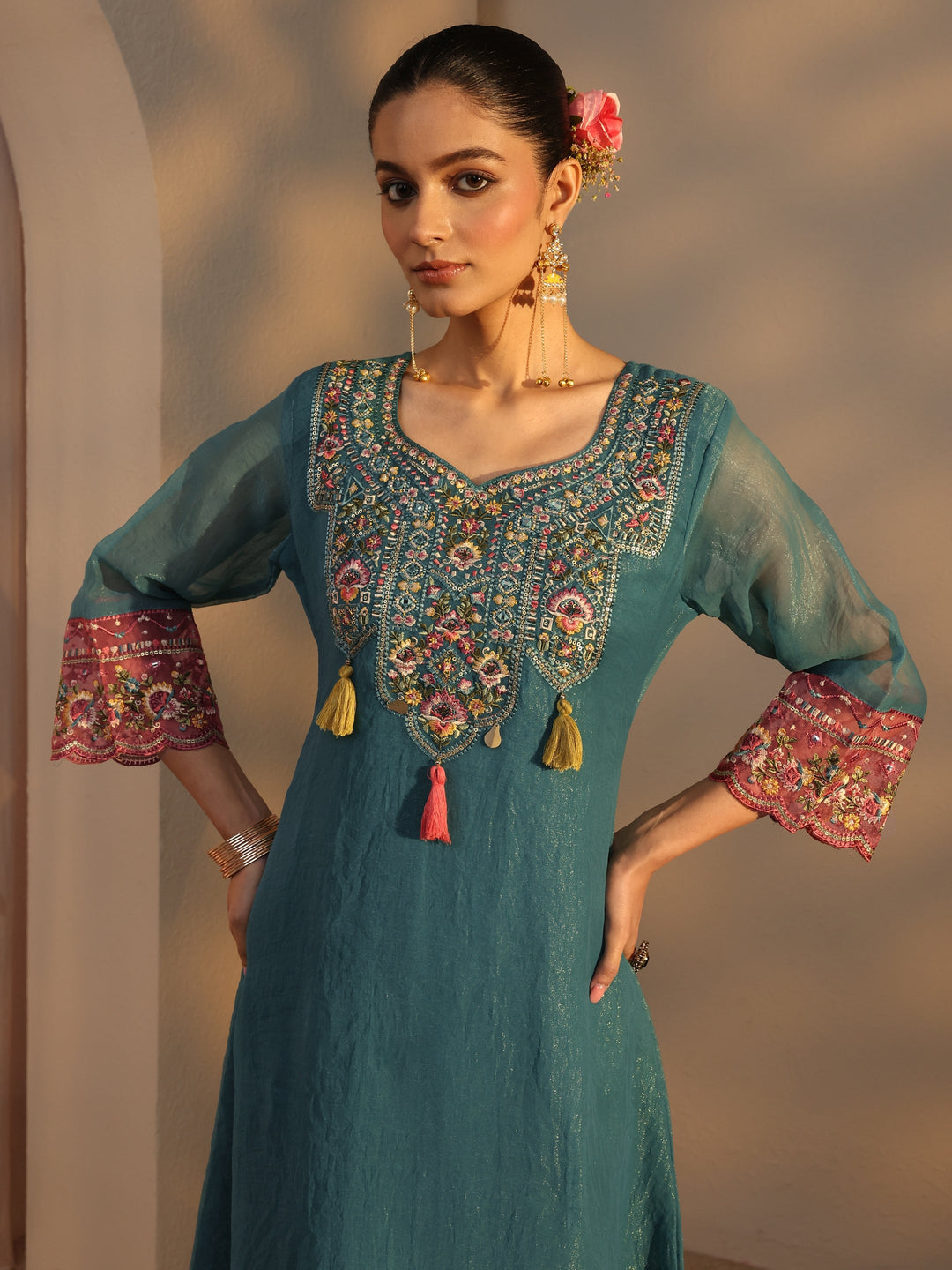 Blue Ethnic Embroidered Organza A-Line Suits Set With Dupatta