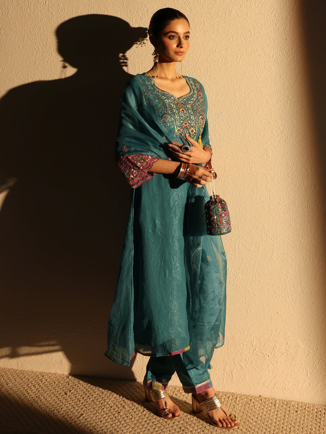 Blue Ethnic Embroidered Organza A-Line Suits Set With Dupatta