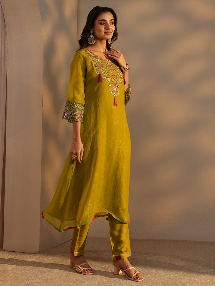 Mustard Ethnic Embroidered Organza A-Line Suits Set With Dupatta