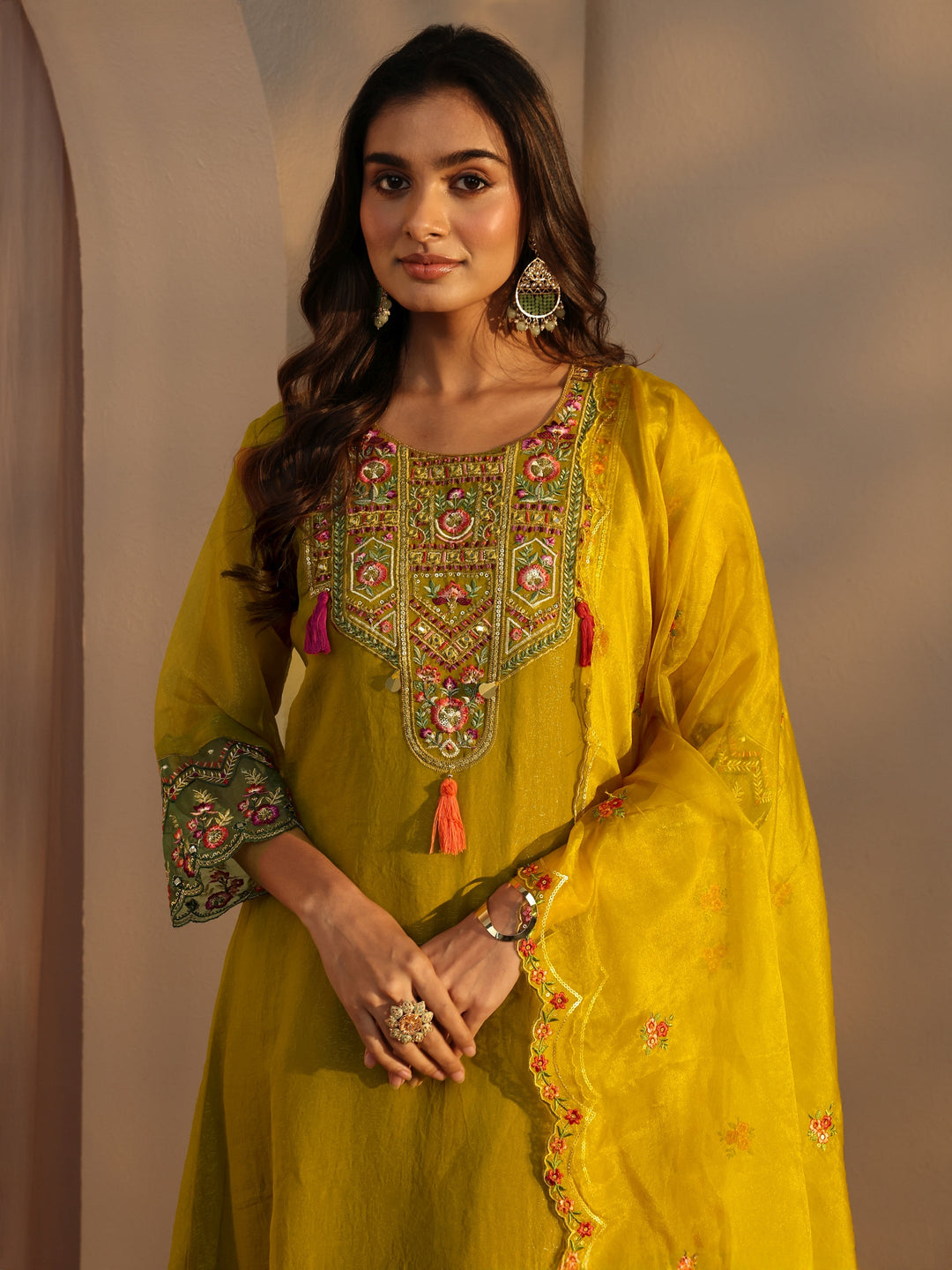 Mustard Ethnic Embroidered Organza A-Line Suits Set With Dupatta