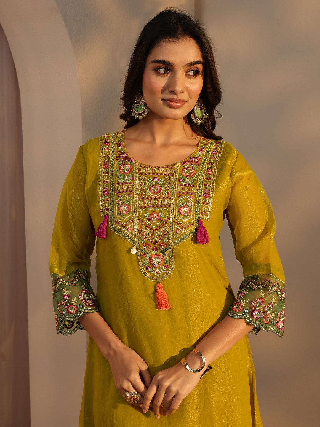 Mustard Ethnic Embroidered Organza A-Line Suits Set With Dupatta