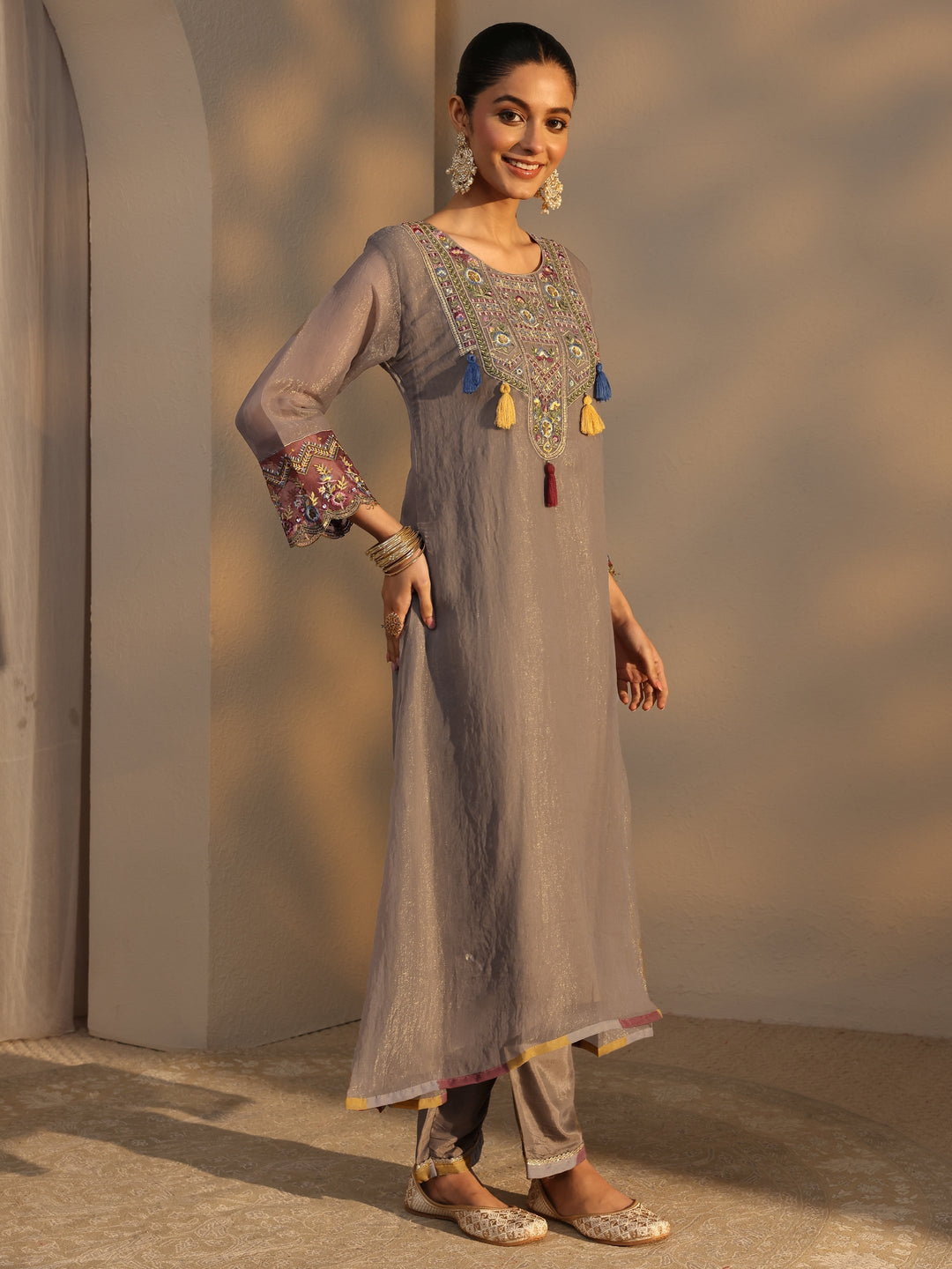 Grey Ethnic Embroidered Organza A-Line Suits Set With Dupatta