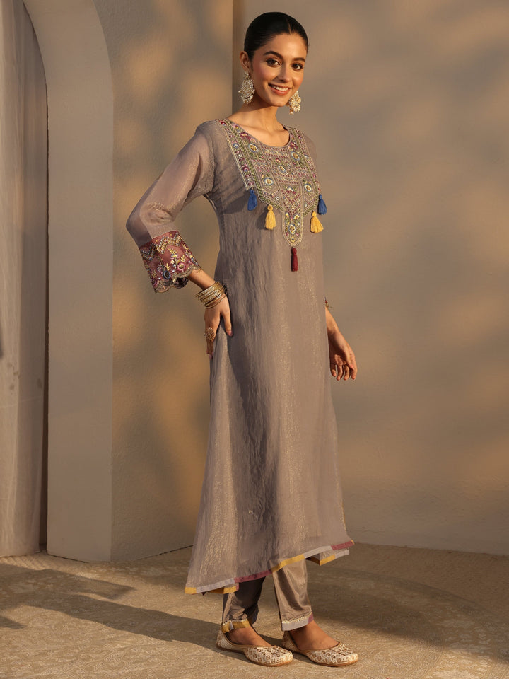 Grey Ethnic Embroidered Organza A-Line Suits Set With Dupatta