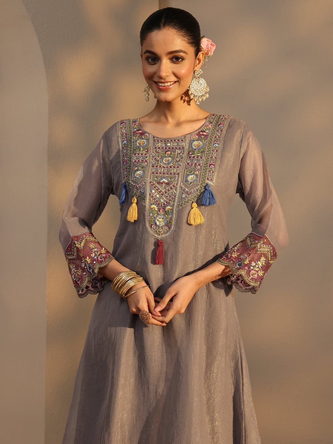 Grey Ethnic Embroidered Organza A-Line Suits Set With Dupatta
